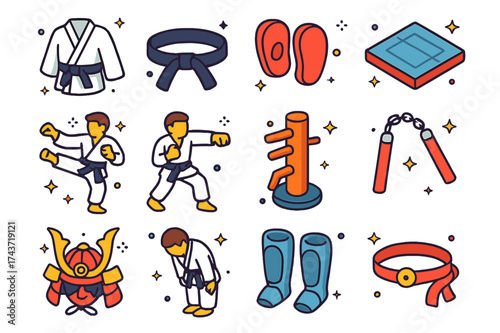 Martial Arts Icon Set. Martial arts. Colorful isometric vector icons set of martial arts: karate gi, black belt, sparring pads, dojo mat, kick pose, punch