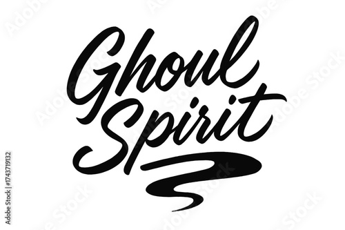 Ghostly Script Art. Ghoul Spirit ? Script Hand-Lettering: semi-cursive brush strokes with fluid connectors; diagonal sweeping baseline; extended underline