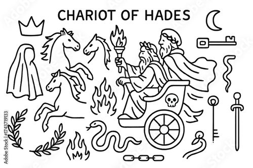 Hades' Chariot Illustration. Chariot of Hades. Hand-drawn doodle illustration Chariot of Hades chariot, horses, torch, crown, cloak, serpent, throne, wheel,