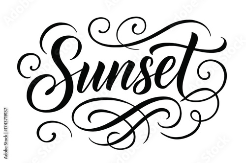 Elegant Calligraphy Sunset. ?Sunset?. Elegant modern calligraphy lettering with bold and saturated thick
