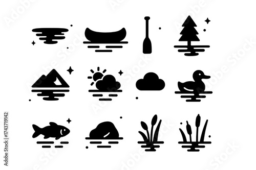 Quiet Lake Icons. Quiet Lake. Solid icons set of Quiet Lake: Lake, Canoe, Paddle, Tree, Mountain, Sun, Cloud, Duck, Fish, Rock, Reeds, Reflection.Filled icons
