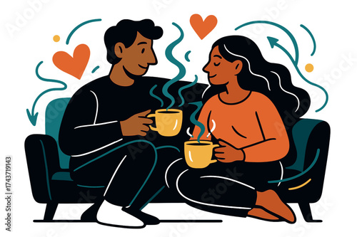 Evening Tea Romance. Evening tea. Glowing cups of tea shared by a couple on a sofa, abstract floating hearts and light trails emphasizing intimacy and quiet