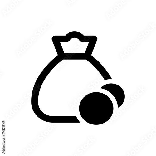Illustration of a money bag with two coins next to it in black and white simple design and outline style