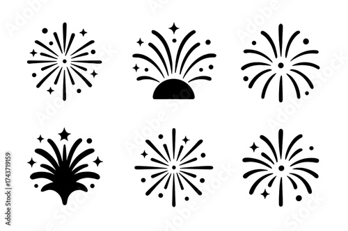 Geometric Firework Logos. Fireworks display. Set Logo of celebratory firework finale: Iconic shape, Abstract geometric, Minimal outline, Stylized detail,