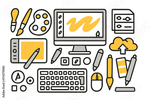 Digital Art Essentials. Digital Painting. Hand-drawn doodle illustration digital painting tablet (accented), stylus, computer monitor (accented), paintbrush,