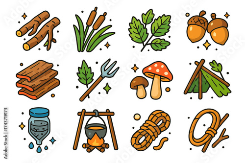 Survival Foraging Icons. Survival foraging. Colorful isometric vector icons set of survival foraging: wild roots, cattail shoots, pine needles, acorns, edible