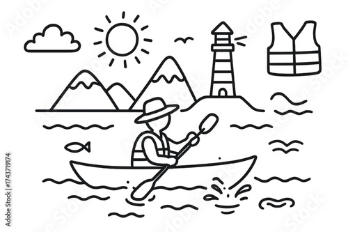 Rowing Adventure Doodle. Rowing a boat. Hand-drawn doodle illustration rowing a boat canoe outline, kayak outline, paddle splashing, paddler with hat, water