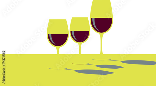 Three wine glasses with red wine and shadows