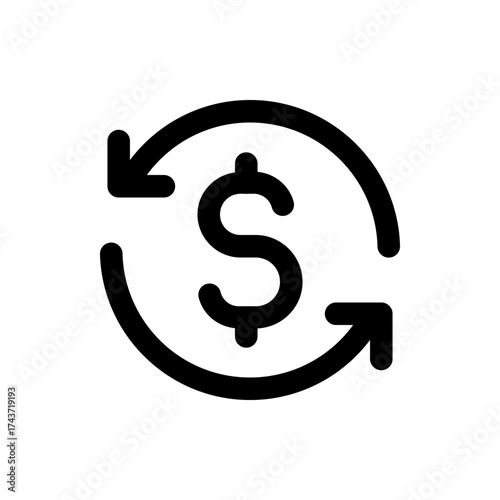 Black dollar sign encircled by arrows indicating exchange or money flow on a white background design view