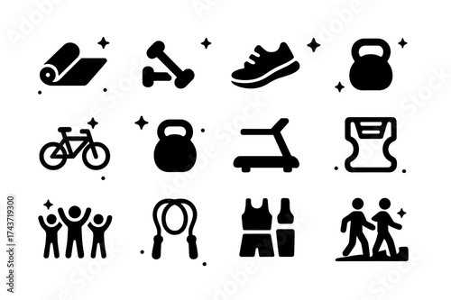 Exercise Icons Collection. Encouraging exercise. Solid icons set of yoga mat, dumbbells, running shoes, walking stick, bicycle, kettlebell,
