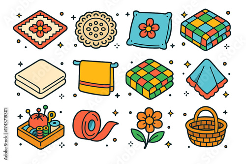 Textile Heritage Icons. Textile Heritage. Colorful isometric vector icons set of textile heritage: embroidered napkin, lace doily, pillowcase, quilt, bed