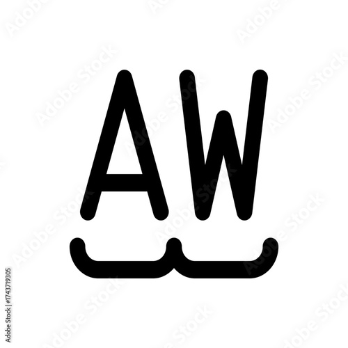 Illustration of bold letters a and w above a curved line resembling a stylized mustache design element