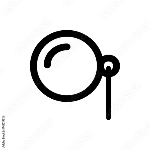 Illustration of a round monocle with a small handle attached on a white background in simple black lines