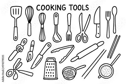 Hand-Drawn Cooking Tools. Cooking tools. Hand-drawn doodle illustration cooking tools spatula, ladle, whisk, peeler, knife, fork, spoon, tongs, rolling pin,