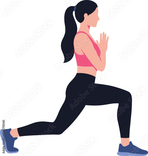 Strong fitness woman performing lunge exercise in sports outfit, workout training vector illustration for gym, yoga, stretching, active healthy lifestyle concept.