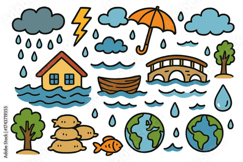 Colorful Flood Illustration. Flood. Colorful Hand-drawn doodle Children illustration Waves, house under water, boat, rain cloud, umbrella, fish, raindrops,