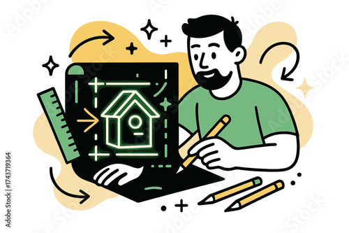Glowing Birdhouse Blueprint. DIY woodworking. A glowing blueprint of a birdhouse with rulers and pencils nearby, abstract arrows and sparkles symbolizing