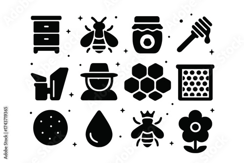 Beekeeping Icon Set. Beekeeping. Solid icons set of Beekeeping: beehive, bee, honey jar, honey dipper, smoker tool, beekeeper hat, wax comb, hive frame, pollen