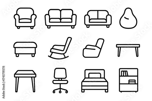 Comfort Furniture Icons. Comfortable furniture. Line icon set of comfortable furniture: armchair, sofa, loveseat, bean bag, ottoman, rocking chair, recliner,