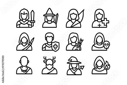 Hero Class Icons. Hero classes. Line icon set of hero classes: warrior, mage, archer, healer, rogue, paladin, bard, necromancer, monk, druid, ranger, sorcerer.