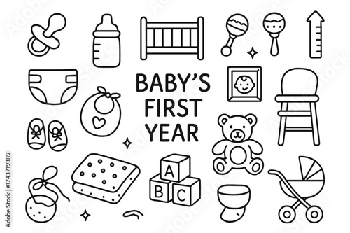 Baby's First Year Essentials. Baby?s first year. Hand-drawn doodle illustration baby?s first year pacifier, bottle, crib, rattle, teddy bear, diaper, stroller,