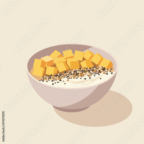 Simple Style Mango Cubes in Bowl with Yogurt Healthy Breakfast Food