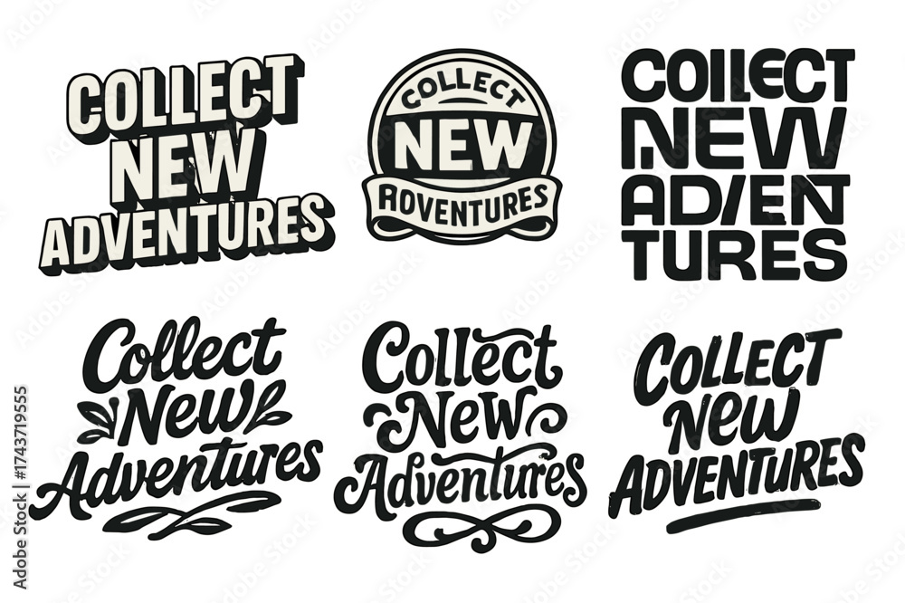 Fototapeta premium Artistic Lettering Variations. Collect New Adventures. Set lettering. harmonious lettering variations of the same emblematic concept, each with different