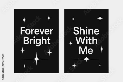 Modern Minimal Banners. Forever Bright. Two vertical A6 banners with safe margins, centered composition, no elements touching edges, modern minimal, black and