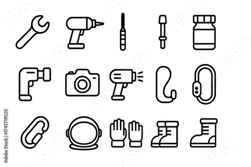 Astronaut Tools Icons. Astronaut tools. Line icon set of astronaut tools: wrench, drill, probe, sample container, scanner, camera, laser tool, tether, clip,