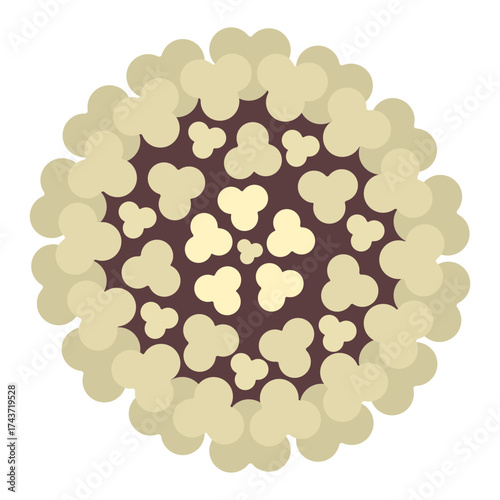 Chikungunya virus. Round yellow togovirus transmitted by a female mosquito bite. Color vector illustration. Isolated white background. Flat style. Medical theme. Idea for web design.