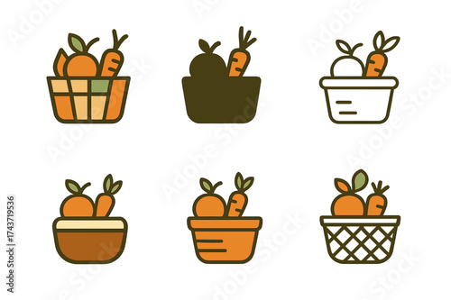 Market Logo Variations. local food markets. Set Logo of local food markets: Market Basket with Seasonal Produce. harmonious logo variations of the same