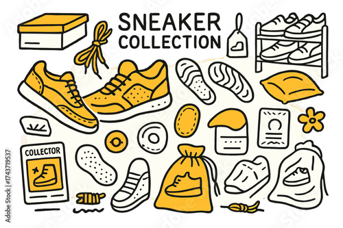 Sneaker Doodle Collection. Sneaker Collection. Hand-drawn doodle illustration sneaker collection sneaker (accented), shoebox, laces (accented), sneaker tag,