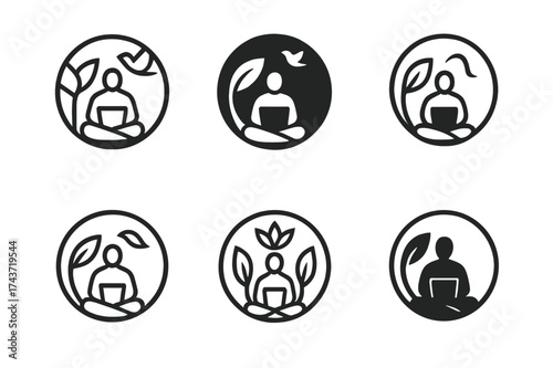 Harmony Logo Variations. A person working in a calm and peaceful environment. Set Logo of harmony circle: person inside circle with nature symbols. harmonious