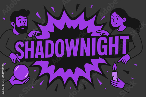 ShadowNight Comic Burst. ShadowNight banner, flat vector illustration, bold oversized text inside comic burst, cartoon characters floating and pointing at