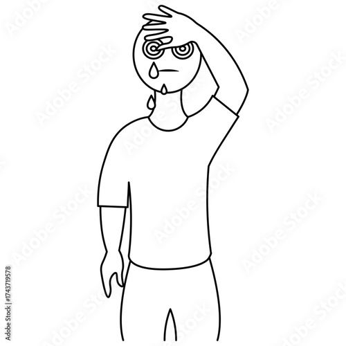 A patient with conjunctivitis and a headache has dark circles under his eyes and tears are dripping. Sketch. Vector illustration. The patient wipes away tears with his hand. Doodle style.