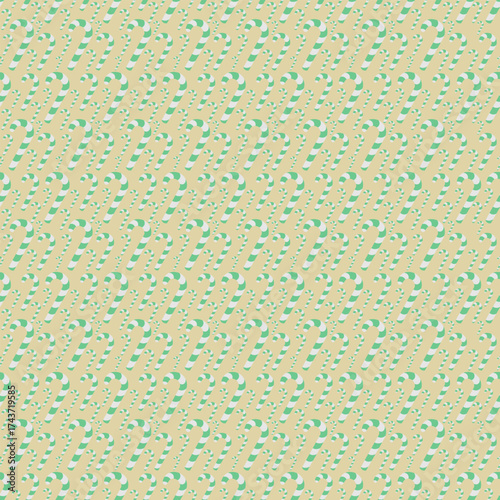 Candy cane. Repeating vector pattern. Seamless Christmas ornament of striped green and white candies. Isolated yellow background. Flat style. Idea for web design.