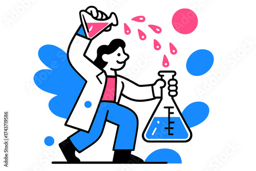 Dynamic Science Art. Experiment Flask. A character pouring liquid into a measuring flask, glowing droplets floating mid-air in an abstract arc.