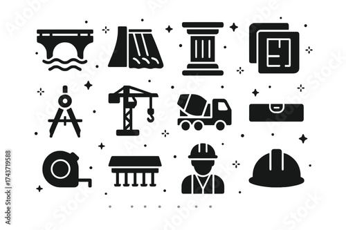 Civil Engineering Icons. Civil engineering. Solid icons set of Civil engineering: bridge, dam, pillar, blueprint, compass, crane, concrete mixer, level tool,