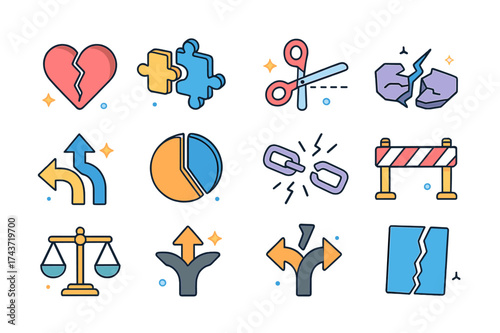 Colorful Separation Icons. Separation. Colorful isometric vector icons set of separation: broken heart, puzzle pieces apart, scissors, cut line, cracked
