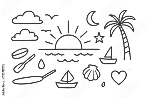 Sunset Doodle Elements. Sunset. Hand-drawn doodle illustration sunset sun, horizon line, clouds, waves, palm tree, bird, star, moon, paddleboard, paddle, water
