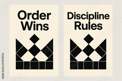 Bauhaus Abstract Crowns. Wisdom. Two vertical A6 banners with safe margins, centered composition, no elements touching edges, bauhaus style, black and cream,