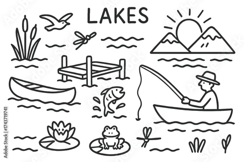 Lakeside Doodle Illustration. Lakes. Hand-drawn doodle illustration lakes lake waves, dock, canoe, fisherman, fish jumping, water lily, frog, cattails,