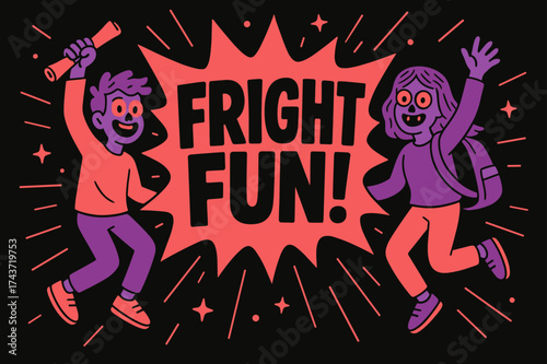 Fright Fun Festivities. Fright Fun banner, flat vector illustration, bold oversized text inside splash explosion, cartoon characters jumping and waving,