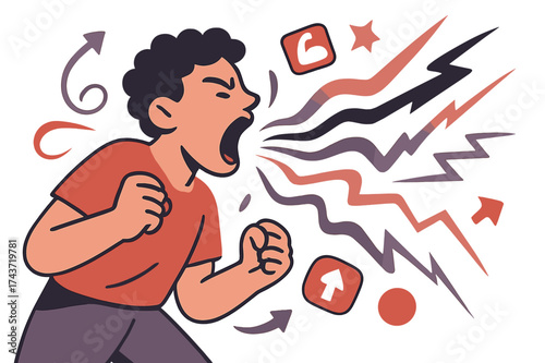 Shouting Visualized Dynamically. Breaking silence. A person shouting into the air, voice transforming into abstract waves and lightning-like lines. Small