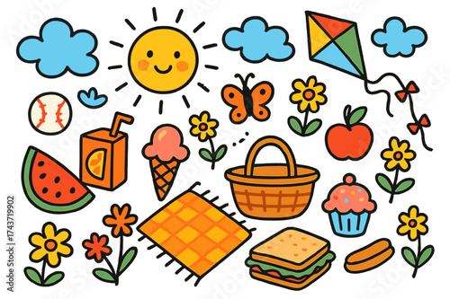 Summer Picnic Fun. Summer Day. Colorful Hand-drawn doodle Children illustration Sun, clouds, kite, ball, juice box, watermelon, ice cream, blanket, basket,