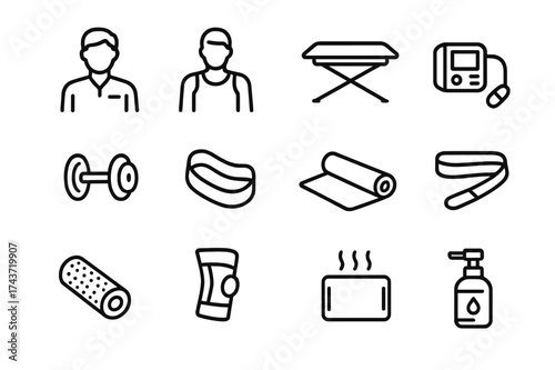 Sports Therapy Icons. Sports therapy session. Line icon set of Sports therapy session: physiotherapist, athlete, treatment table, ultrasound device, dumbbell,