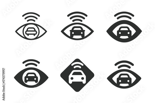 Self-Driving Car Logos. self-driving cars. Set Logo of self-driving cars: Sensor Fusion Module (Eye). harmonious logo variations of the same emblematic