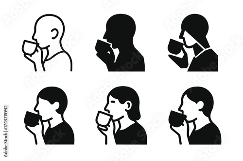 Coffee Icon Logos. Drinking coffee. Set Logo of Lifestyle: person sipping coffee icon. harmonious logo variations of the same emblematic concept, each with