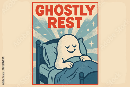 Nostalgic Spooky Slumber. Ghostly Rest ? Retro Poster: chunky retro font centered; halftone shading with starbursts radiating outward; nostalgic spooky-sleep