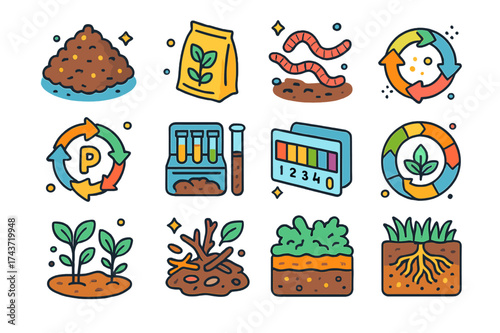Soil Fertility Icons. Soil Fertility. Colorful isometric vector icons set of Soil Fertility: compost pile, fertilizer bag, nutrient cycle arrows, earthworms,